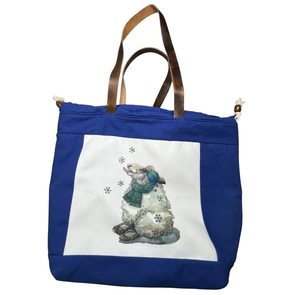 Daisy Said Women's Tote Bag Blue Winter Sheep - Leather Straps - Large